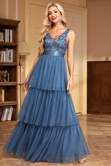 Grey Blue Tiered Spaghetti Straps A Line Formal Dress